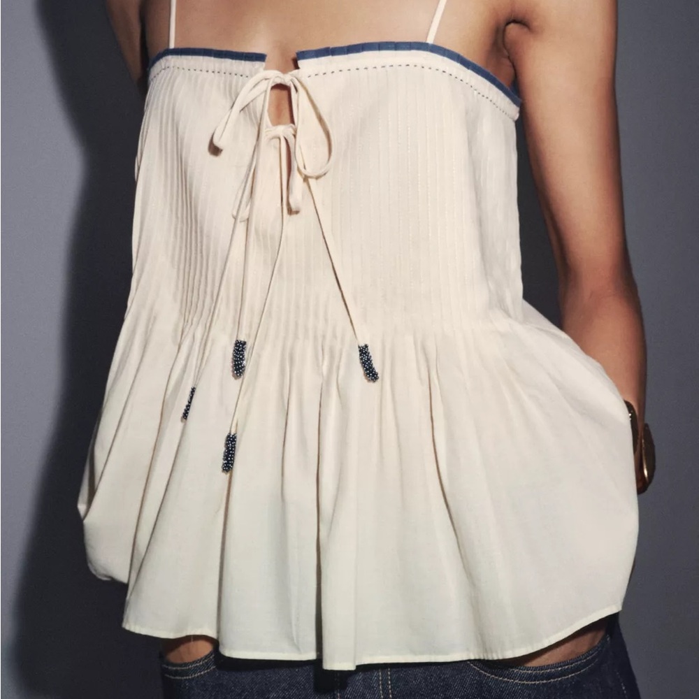 Zara Cream Strapless Peplum Top with Blue Trim